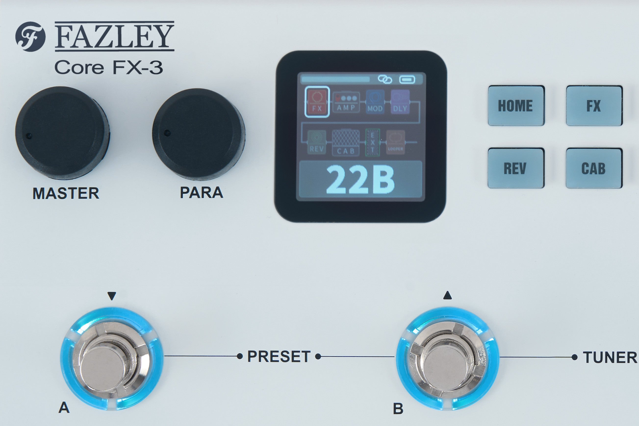 Close-up van het Fazley Core-FX3 multi-effectpedaal